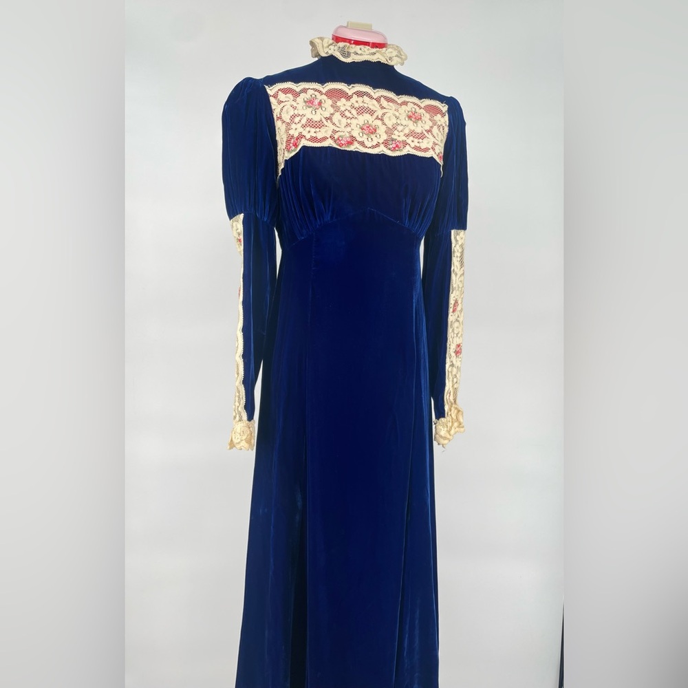 60s/70s Royal Blue Velvet Long Sleeve Prairie Gown Cottagecore Lace & Rosettes